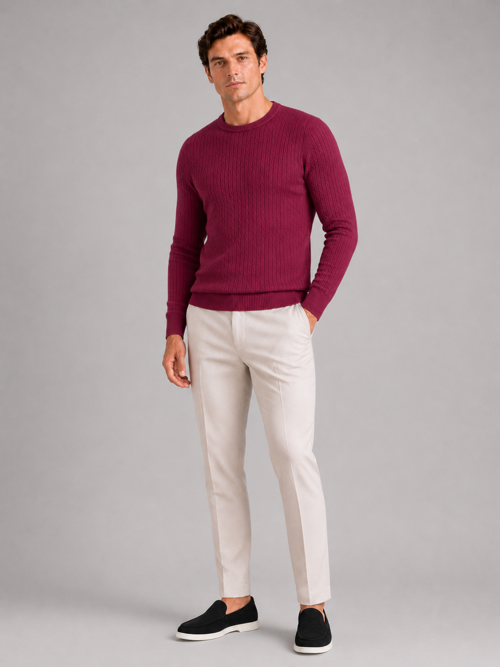 Men’s wine cable knit pullover soft lightweight sweater for business casual outfits