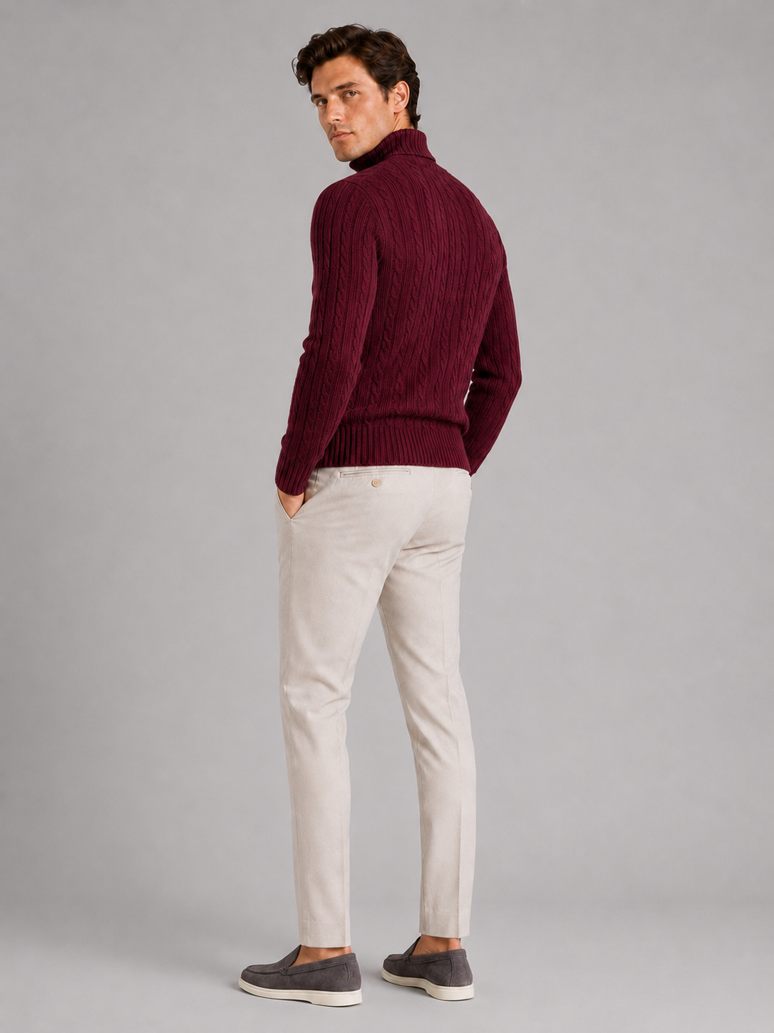 Men’s wine heavyweight knit turtleneck warm sweater for elevated cold weather outfits