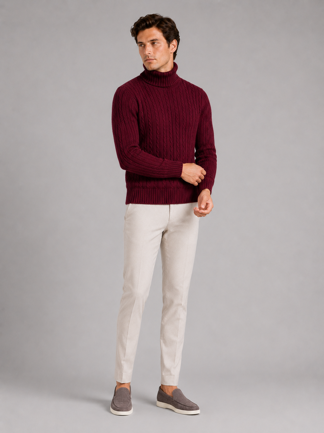Wine cable knit turtleneck sweater for men slim fit heavyweight pullover for winter wear