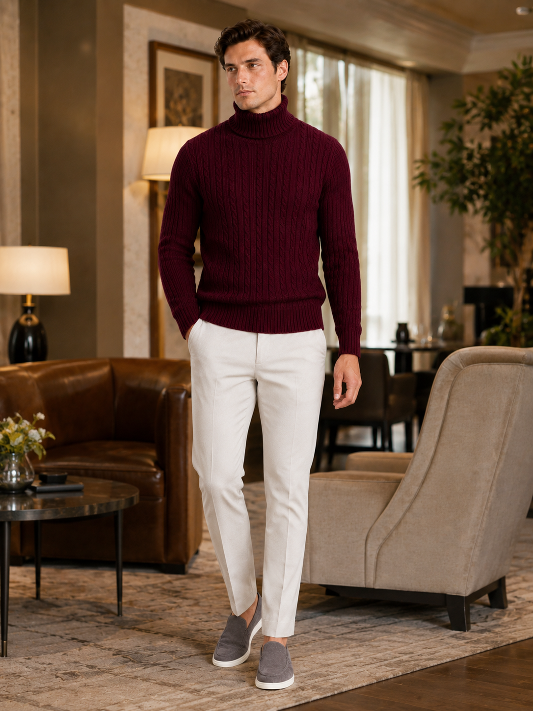 Man styling wine cable knit turtleneck sweater in a refined winter lifestyle outfit
