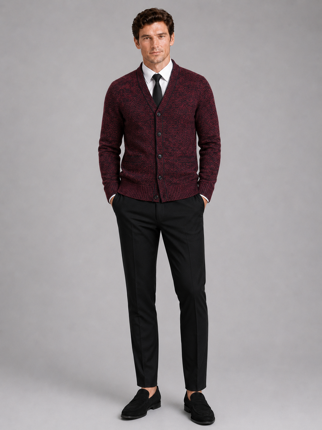 Wine v neck cardigan sweater for men comfortable knit layer for everyday winter wear