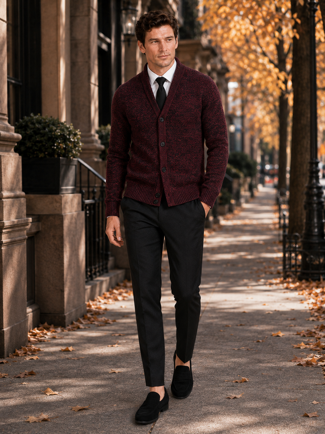 Man styling wine v neck cardigan sweater in a refined fall winter lifestyle outfit