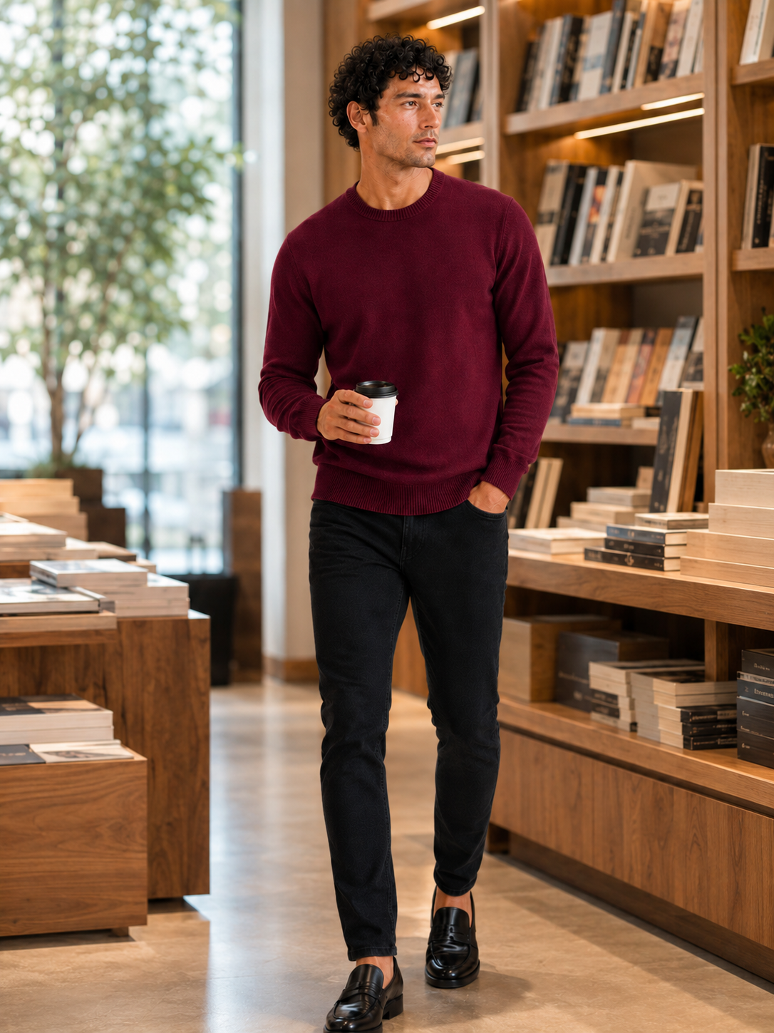 Man styling wine crew neck knit sweater in an elevated fall lifestyle outfit