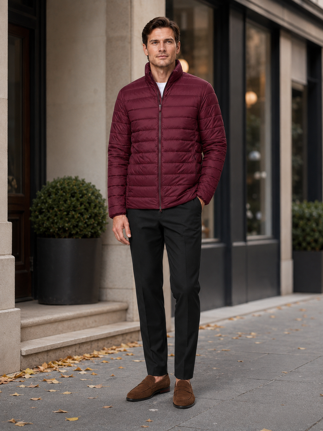 Man styling wine down puffer jacket in a refined outdoor and everyday winter lifestyle outfit