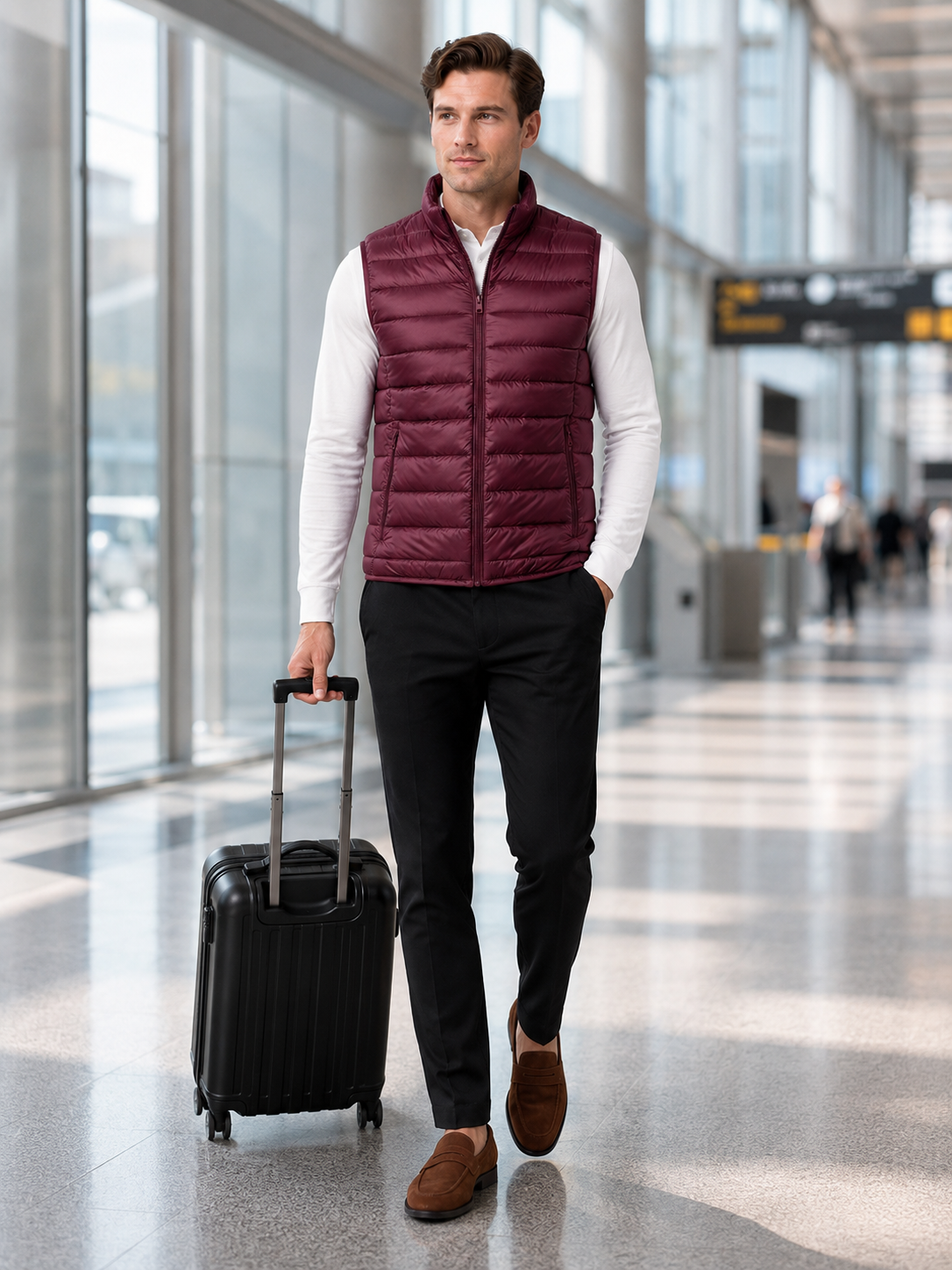 Man styling wine ultralight down vest in a refined travel and everyday winter lifestyle outfit