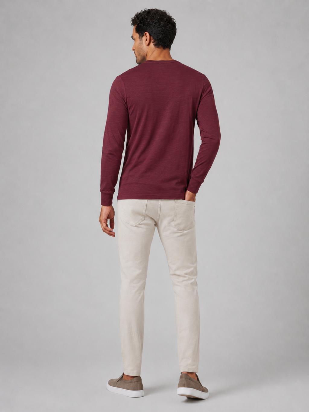 Wine solid color henley shirt minimal fitted basic top for casual outfits