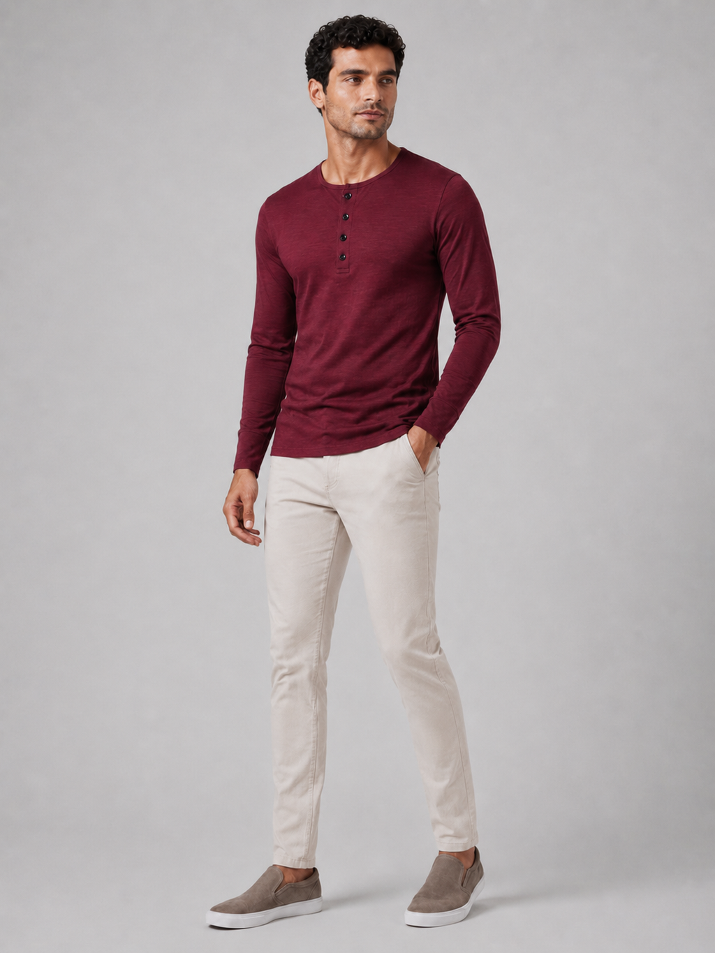 Men’s wine long sleeve henley shirt slim fit comfortable spring wear