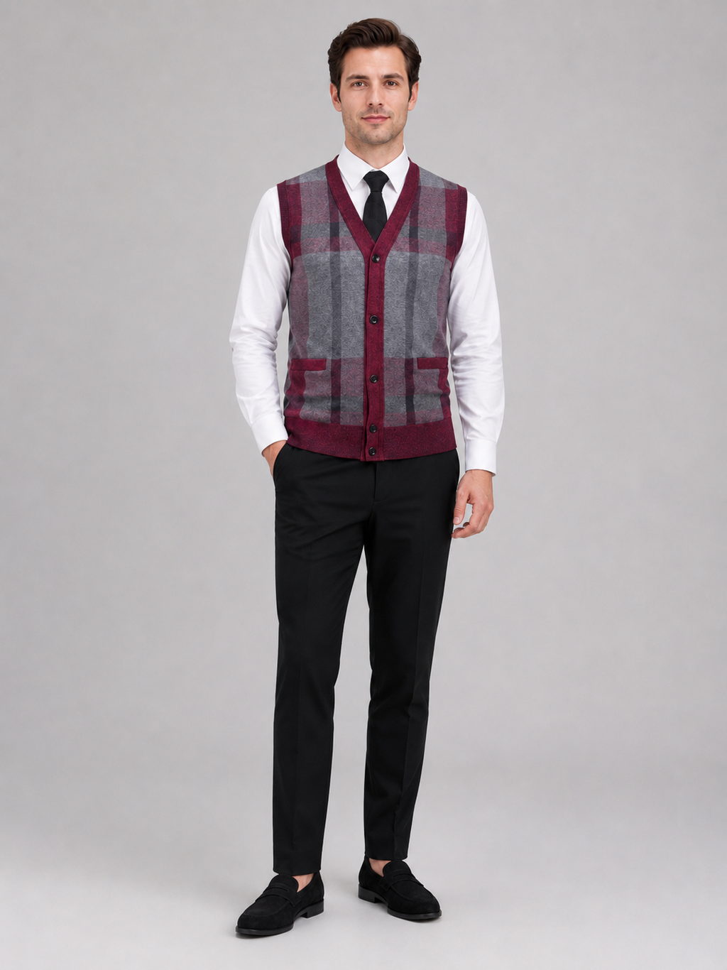 Wine fleece sweater vest for men warm v neck knit layer for business casual and everyday wear