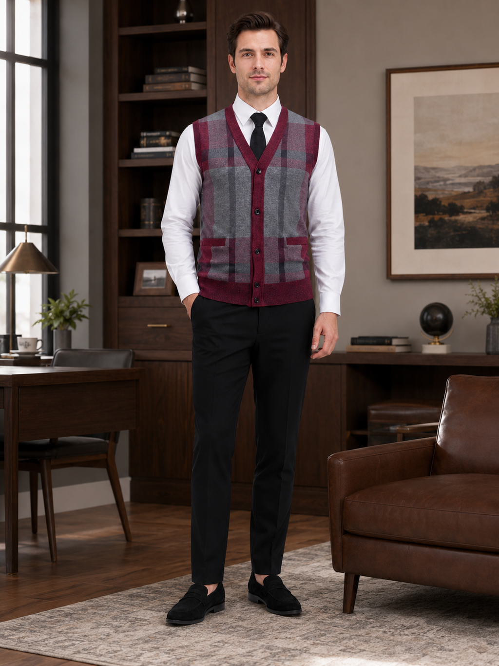 Man styling wine fleece sweater vest in a refined business casual and everyday lifestyle outfit