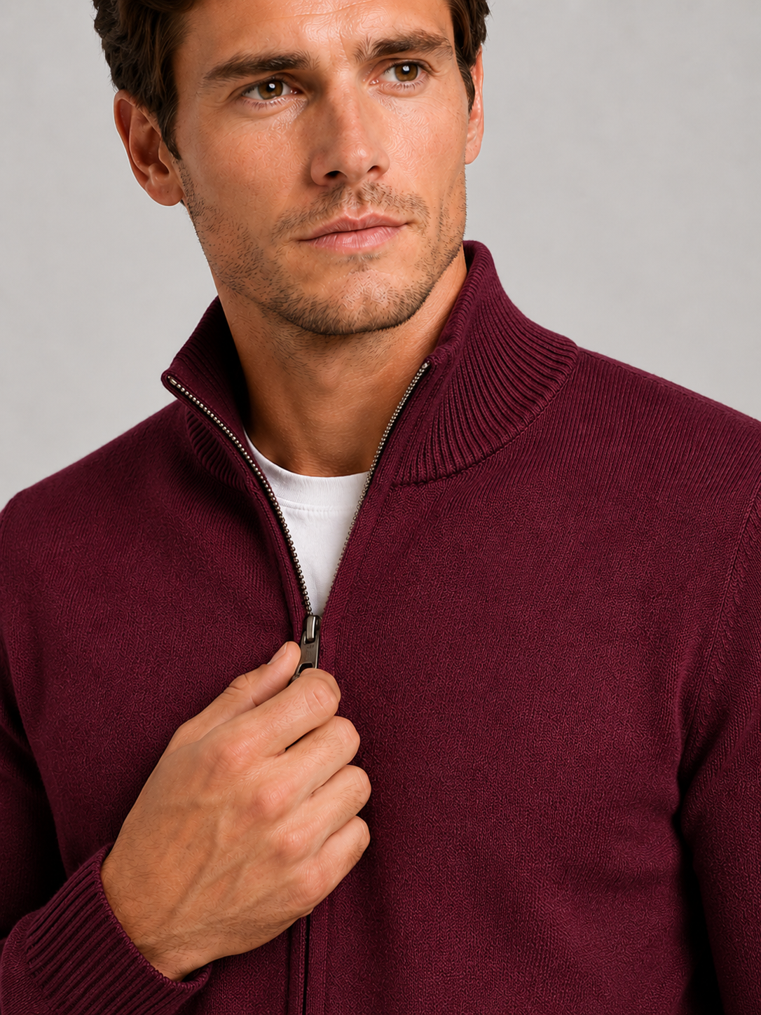 Close-up of a wine full zip knit sweater showing the textured knit fabric, stand collar, zipper closure, ribbed cuffs, hem, and stitching details