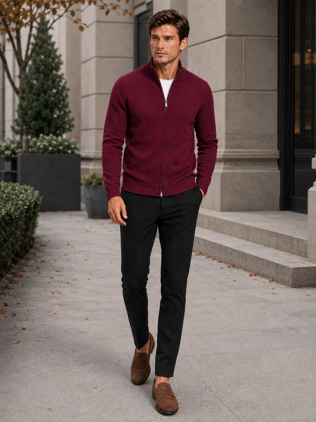 Man wearing a wine full zip knit cardigan sweater in a business casual fall winter outfit for everyday wear