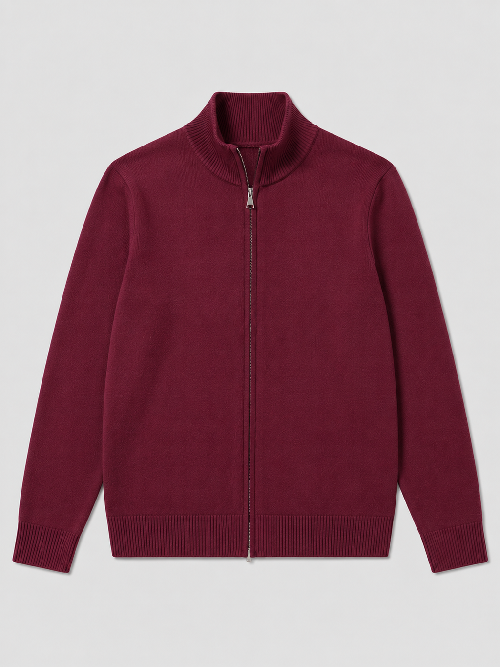 Wine men’s full zip knit cardigan sweater with a stand collar and slim fit displayed on a plain background