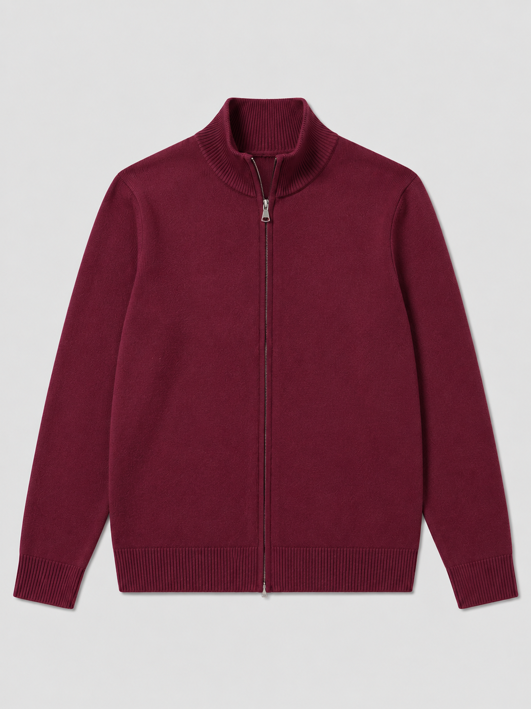 Wine men’s full zip knit cardigan sweater with a stand collar and slim fit displayed on a plain background
