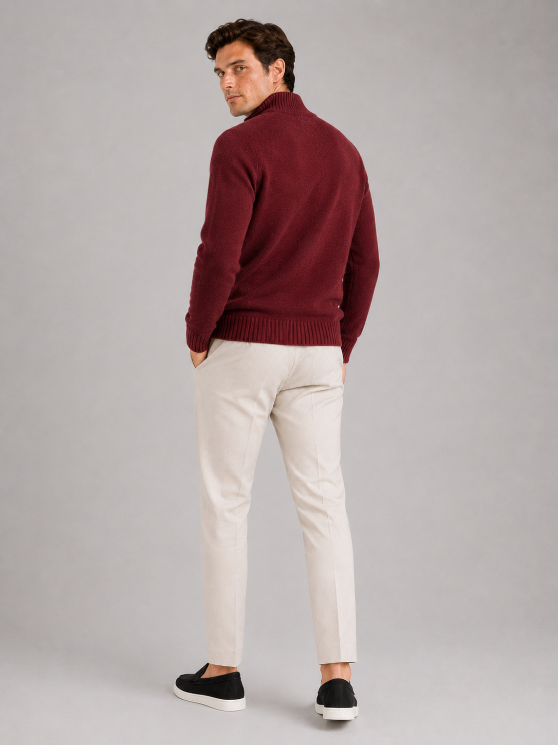 Men’s wine solid color half zip sweater comfortable knit top for elevated casual outfits