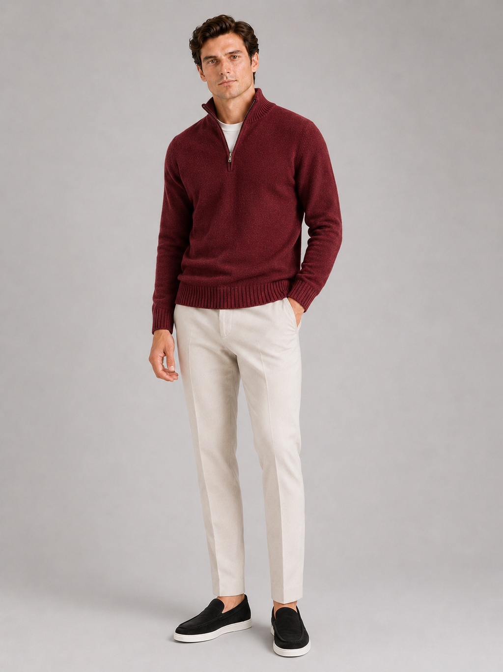 Wine half zip knit sweater for men long sleeve pullover for everyday fall wear