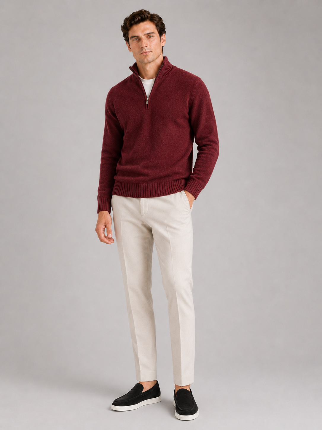 Wine half zip knit sweater for men long sleeve pullover for everyday fall wear