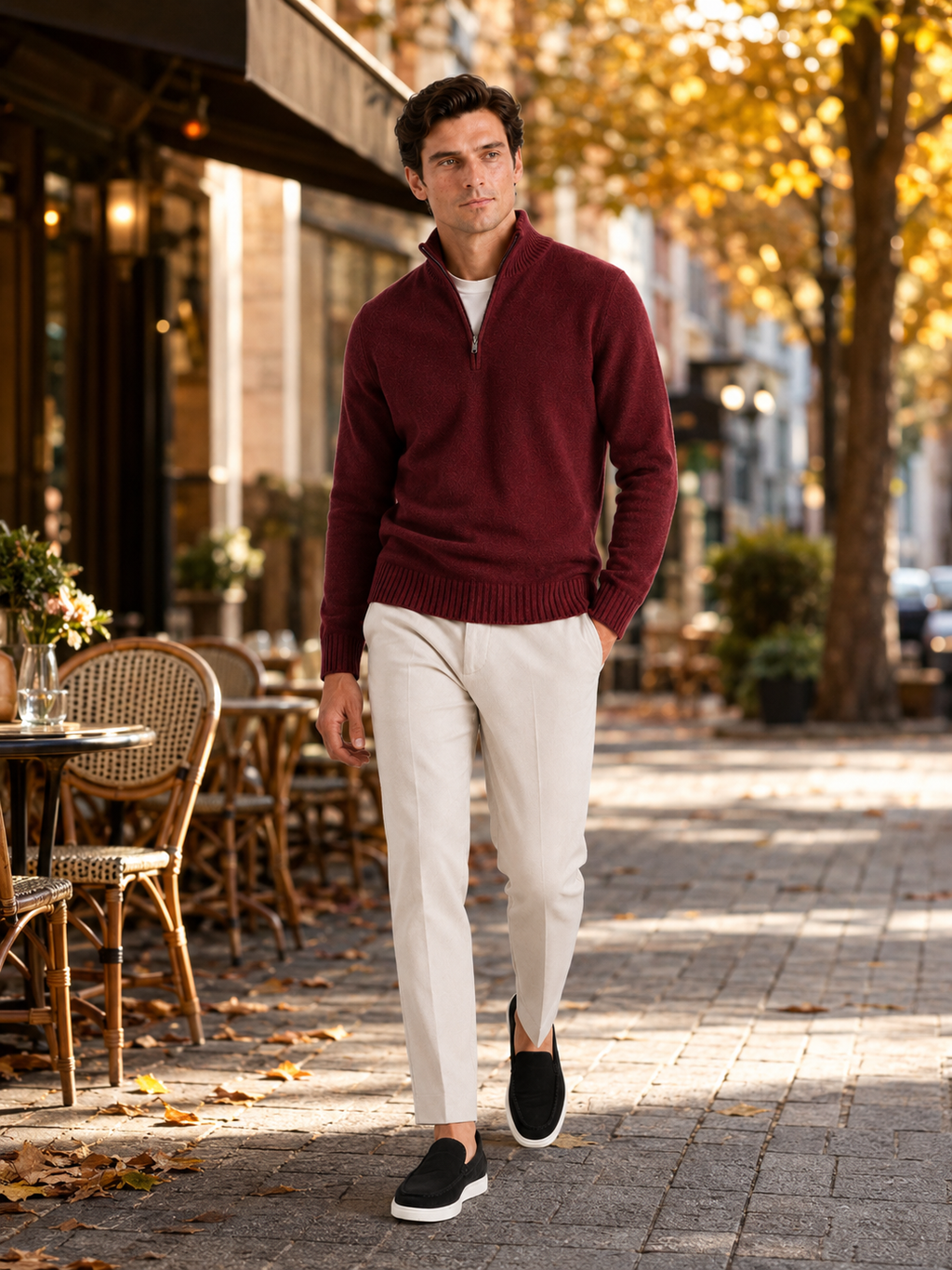 Man styling wine half zip sweater in a refined fall lifestyle outfit