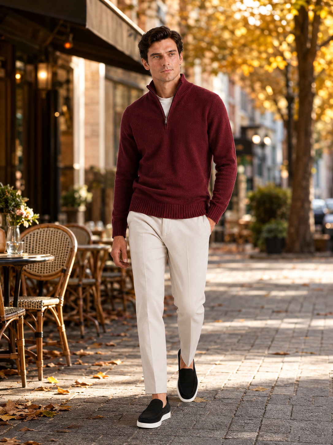 Man styling wine half zip sweater in a refined fall lifestyle outfit