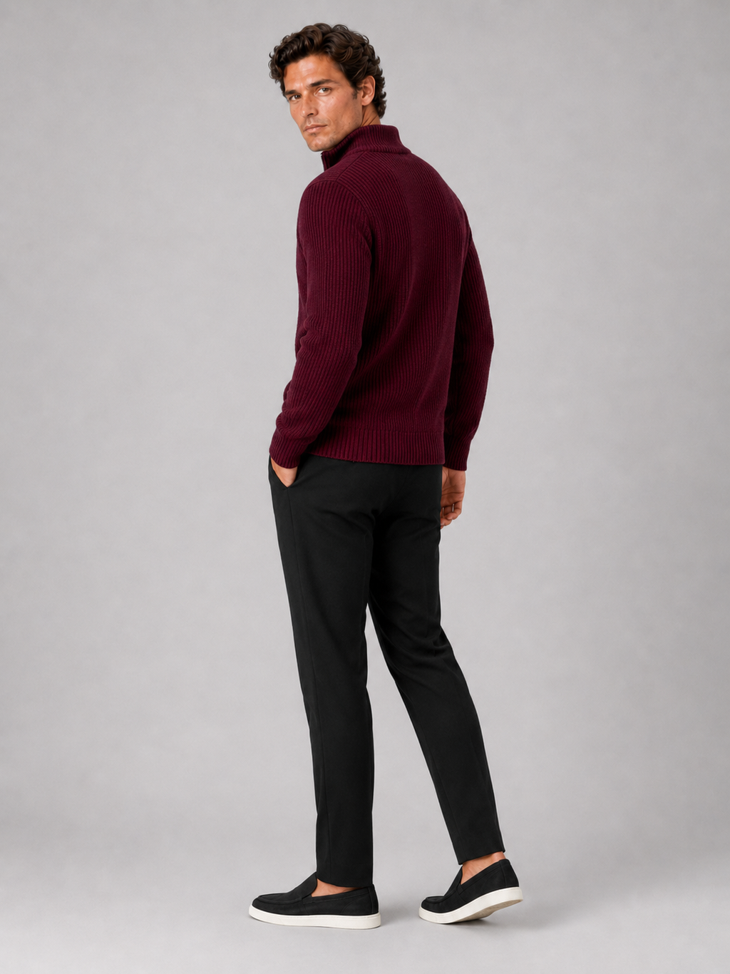 Men’s wine thick knit half zip pullover comfortable sweater for business casual outfits
