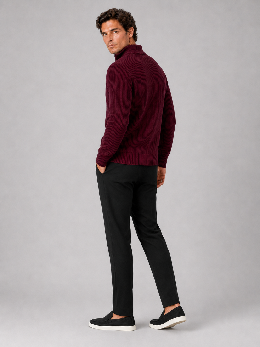 Men’s wine thick knit half zip pullover comfortable sweater for business casual outfits