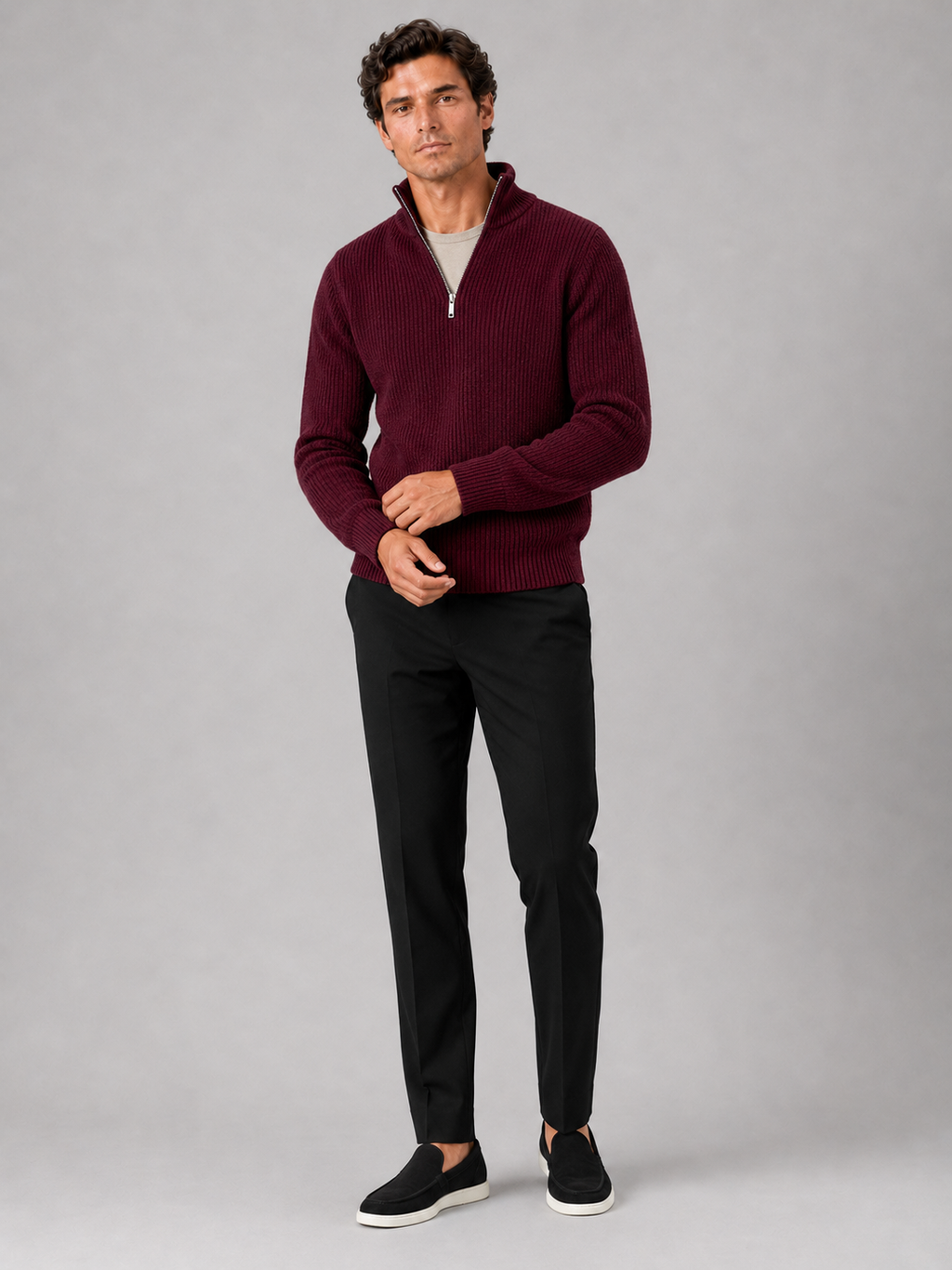 Wine half zip sweater for men warm thick knit pullover for winter everyday wear