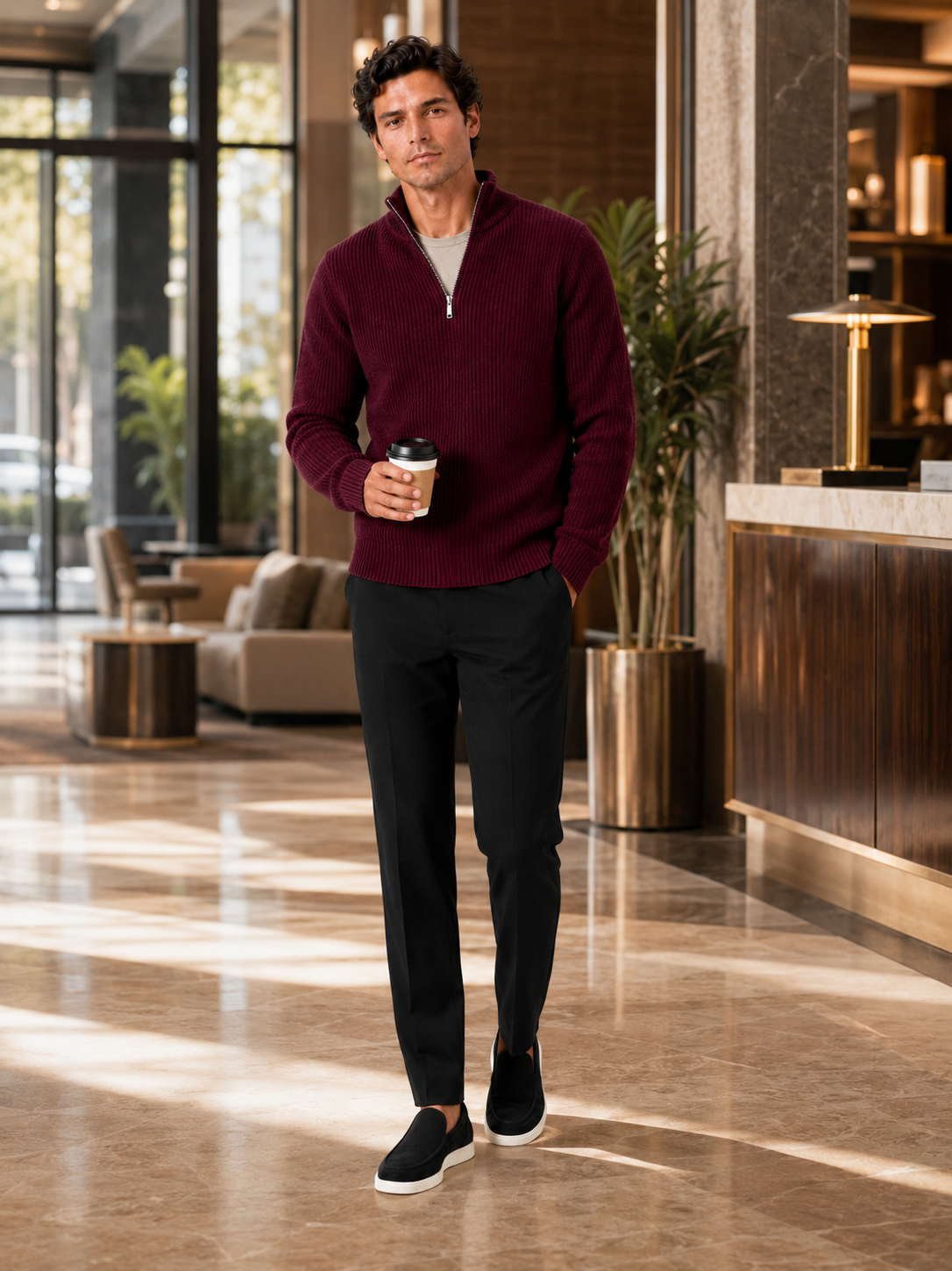 Man styling wine half zip sweater in a refined winter lifestyle outfit