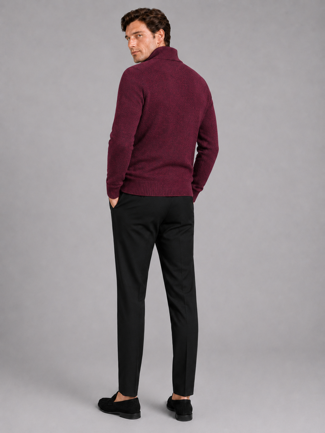 Men’s wine thick knit full zip sweater comfortable casual top for cold weather outfits
