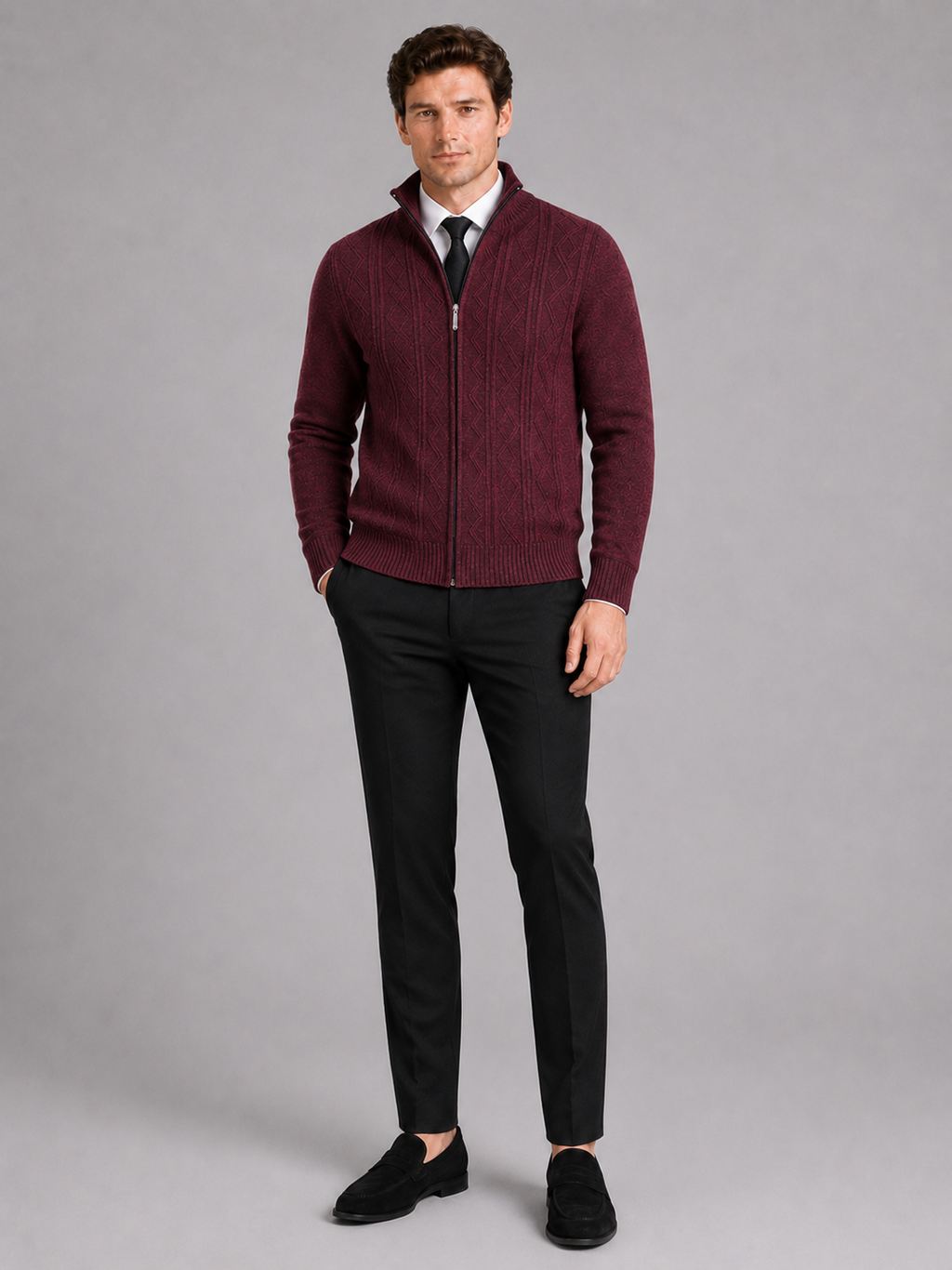 Wine stand collar zip sweater for men warm knit layer for everyday winter wear