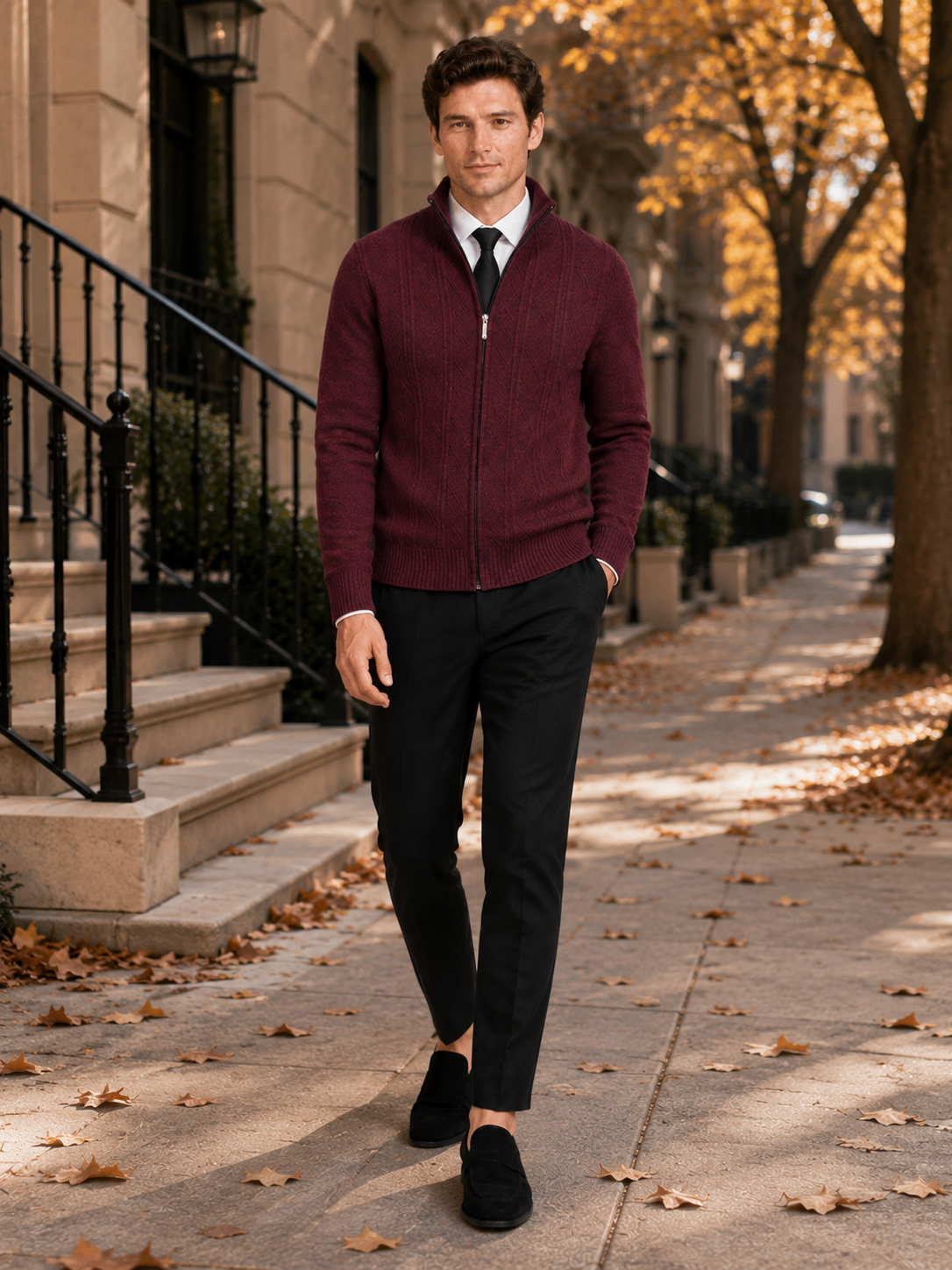 Man styling wine full zip knit sweater in a refined fall winter everyday outfit
