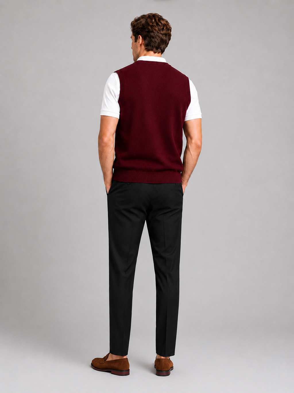 Men’s wine v neck sweater vest comfortable knit layer for business casual outfits