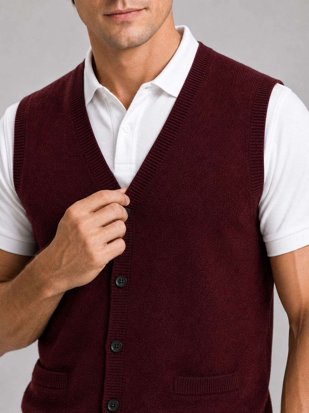 Close up of wine button up sweater vest showing soft knit texture and classic v neck detail