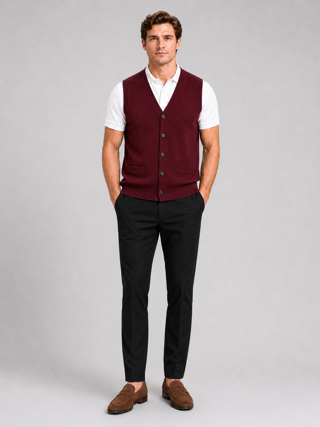 Wine knit sweater vest for men button up fall winter layer for office and everyday wear