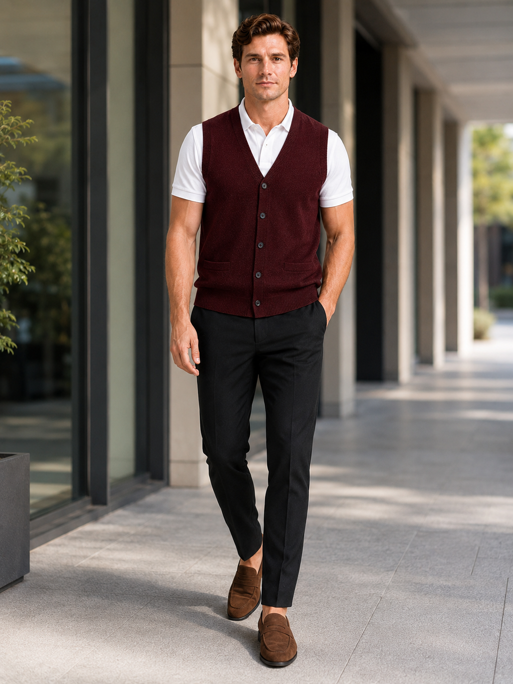 Man styling wine button up sweater vest in an elegant business casual everyday outfit
