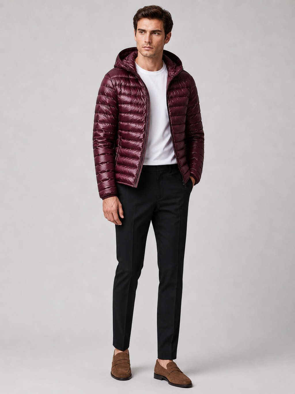 Wine lightweight hooded down puffer jacket for men warm fall winter coat for travel and everyday wear