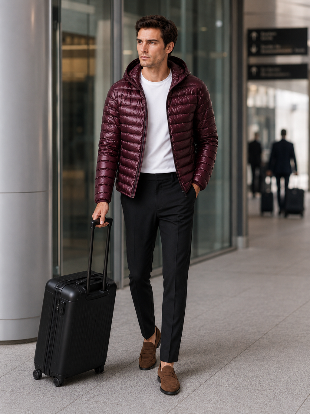 Man styling wine hooded down puffer jacket in a refined travel and everyday winter lifestyle outfit