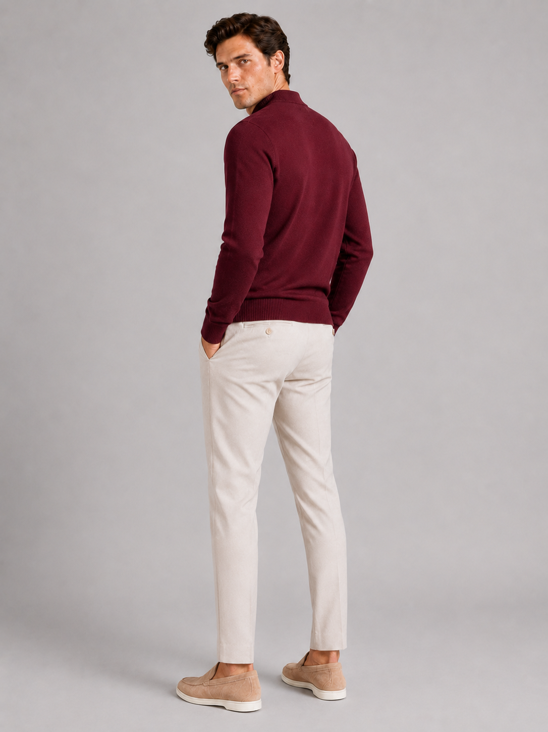 Men’s wine knit pullover warm slim fit sweater for elevated casual outfits