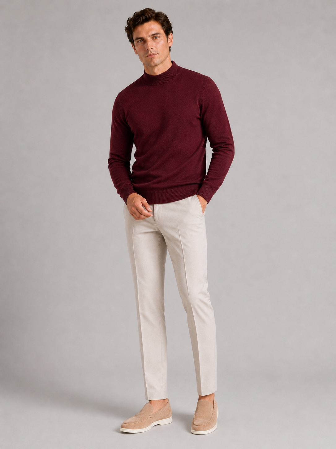 Wine mock neck sweater for men slim fit warm pullover for everyday winter wear