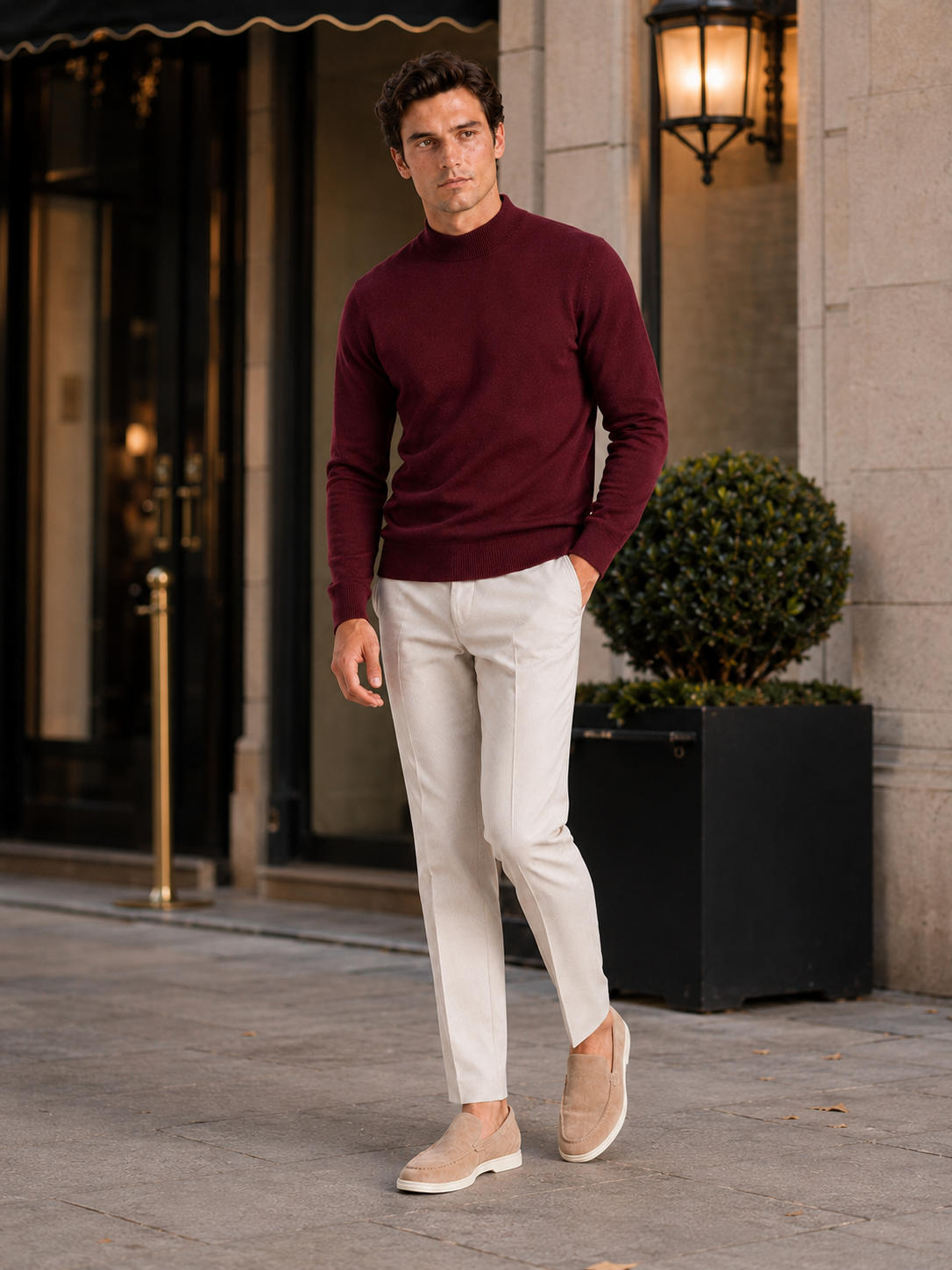 Man styling wine mock neck sweater in a refined winter lifestyle outfit