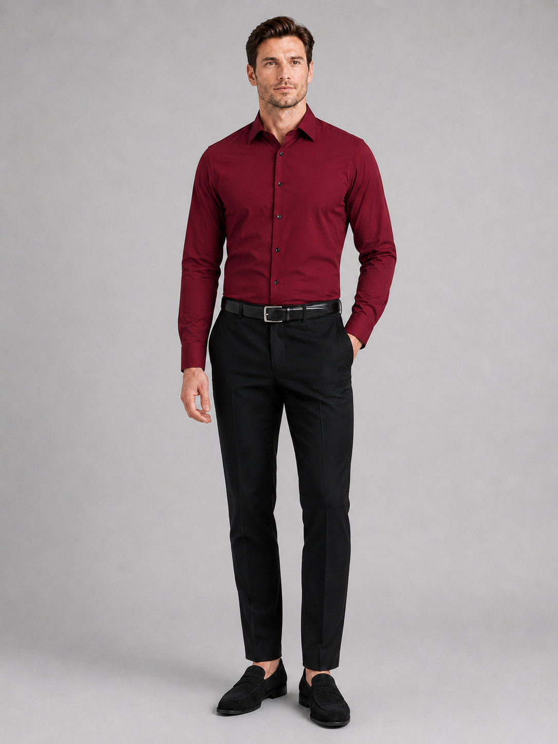 Wine button down dress shirt for men long sleeve office shirt for business casual wear