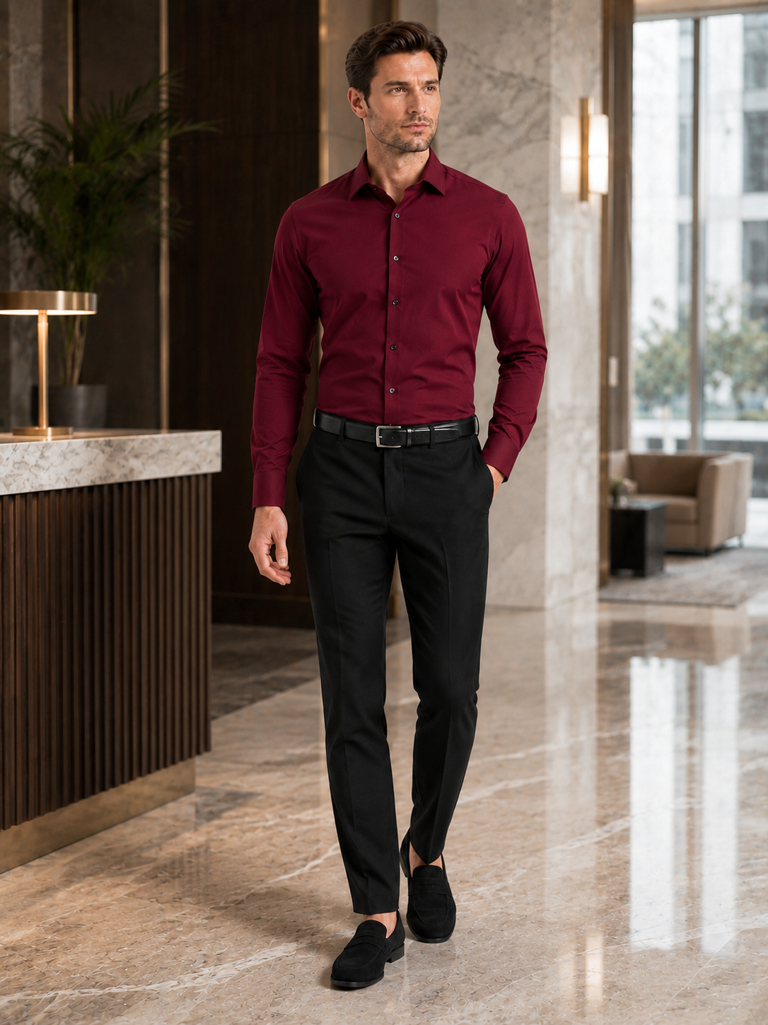 Man styling wine button down dress shirt in a sophisticated business casual office outfit