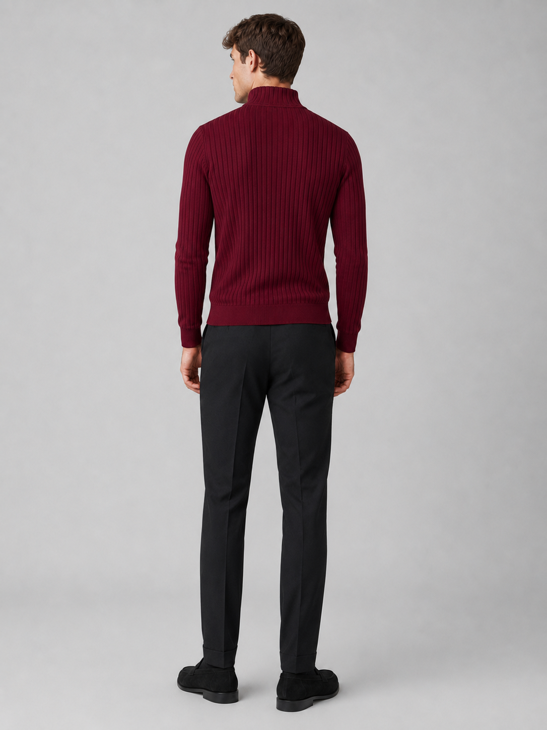 Men’s wine knit sweater comfortable mock neck layer for business casual and casual outfits