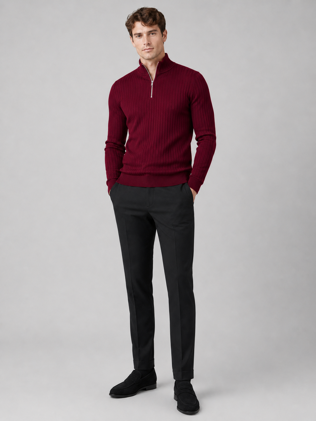Wine quarter zip sweater for men long sleeve fall winter pullover for everyday wear
