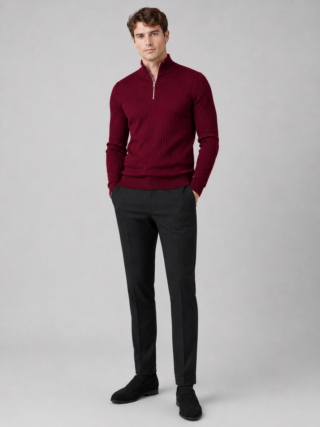 Wine quarter zip sweater for men long sleeve fall winter pullover for everyday wear