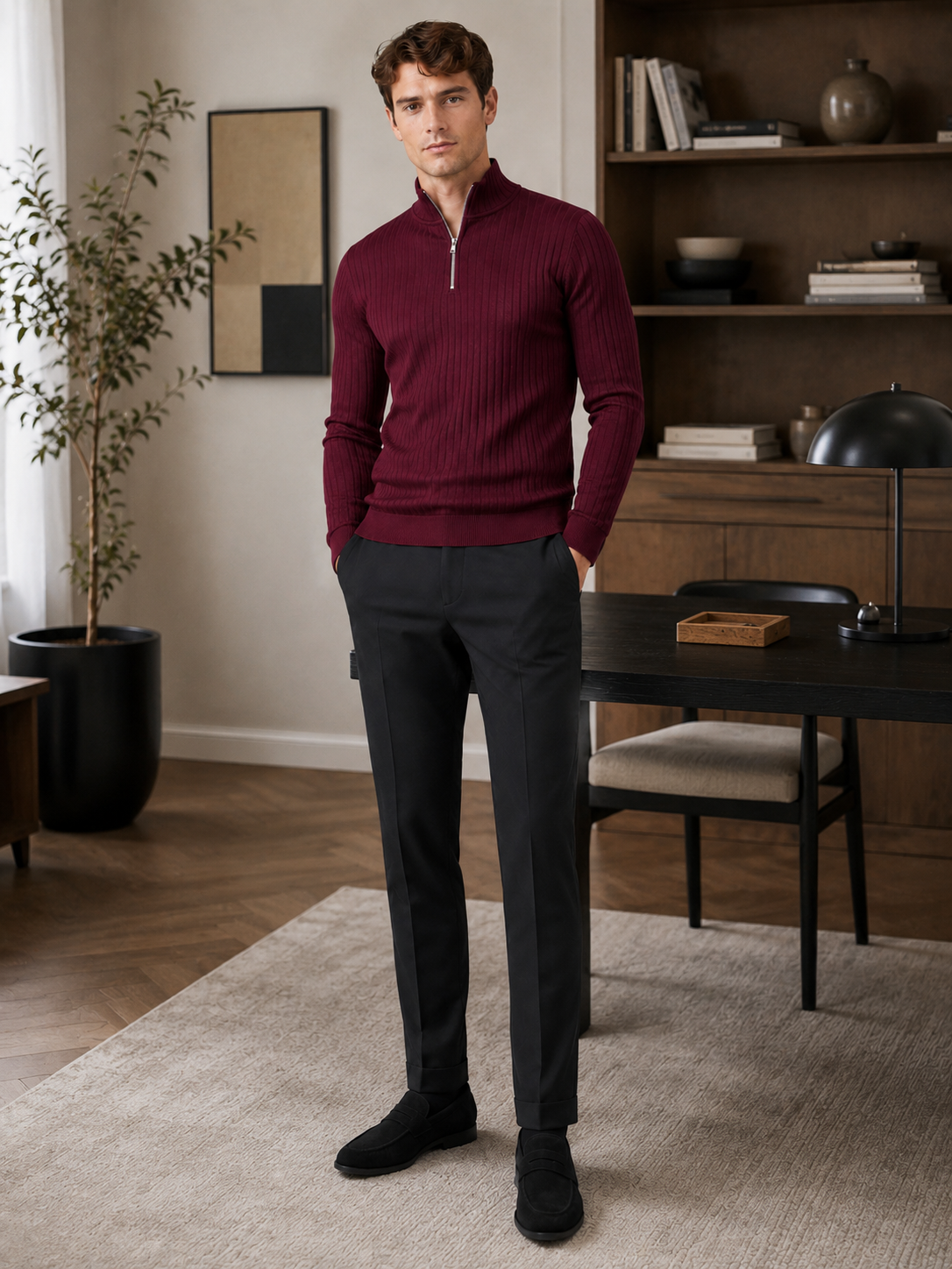 Man styling wine quarter zip sweater in a sophisticated business casual and everyday lifestyle outfit