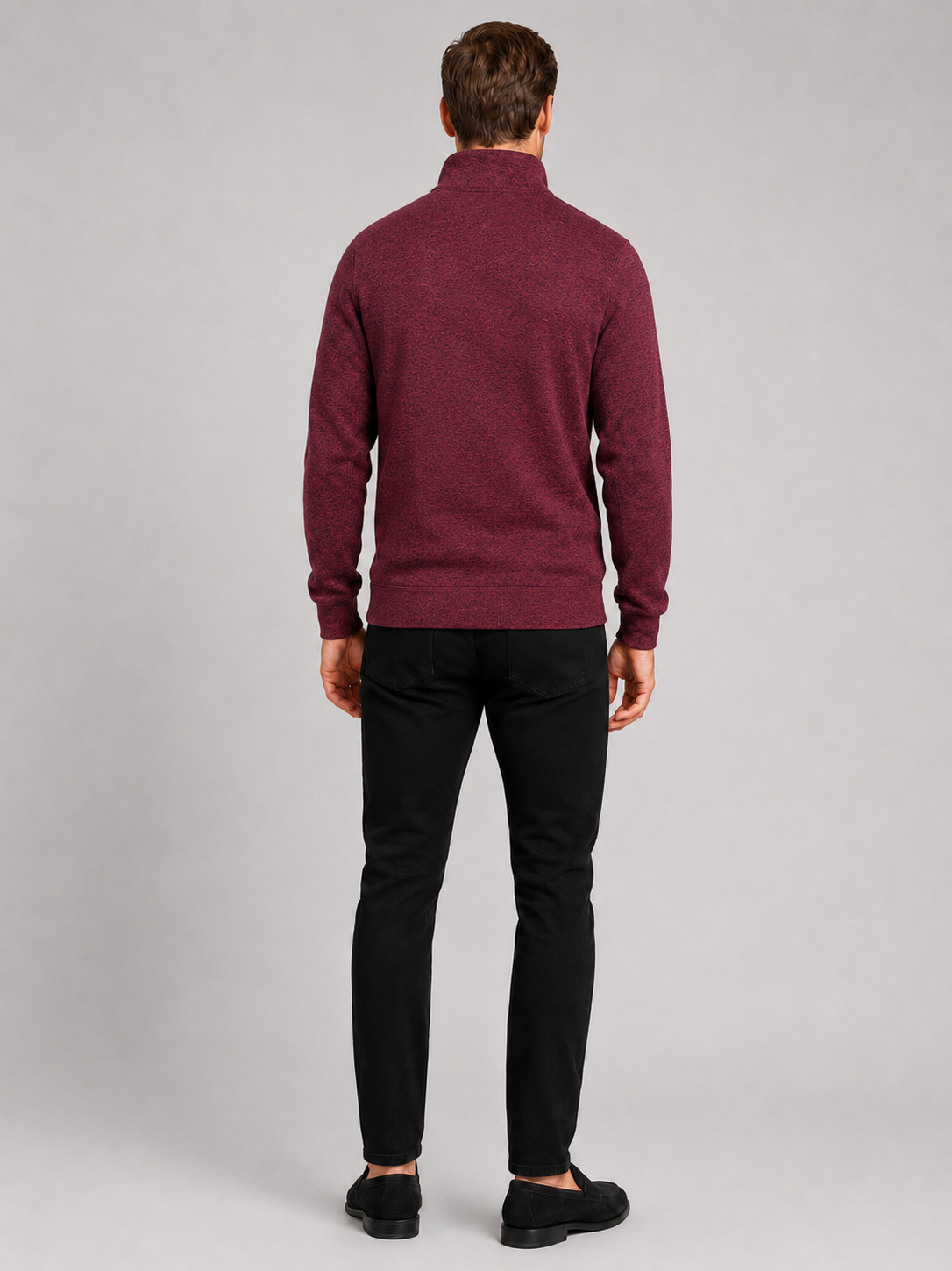 Men’s wine stand collar knit sweater comfortable sportswear layer for outdoor and casual outfits