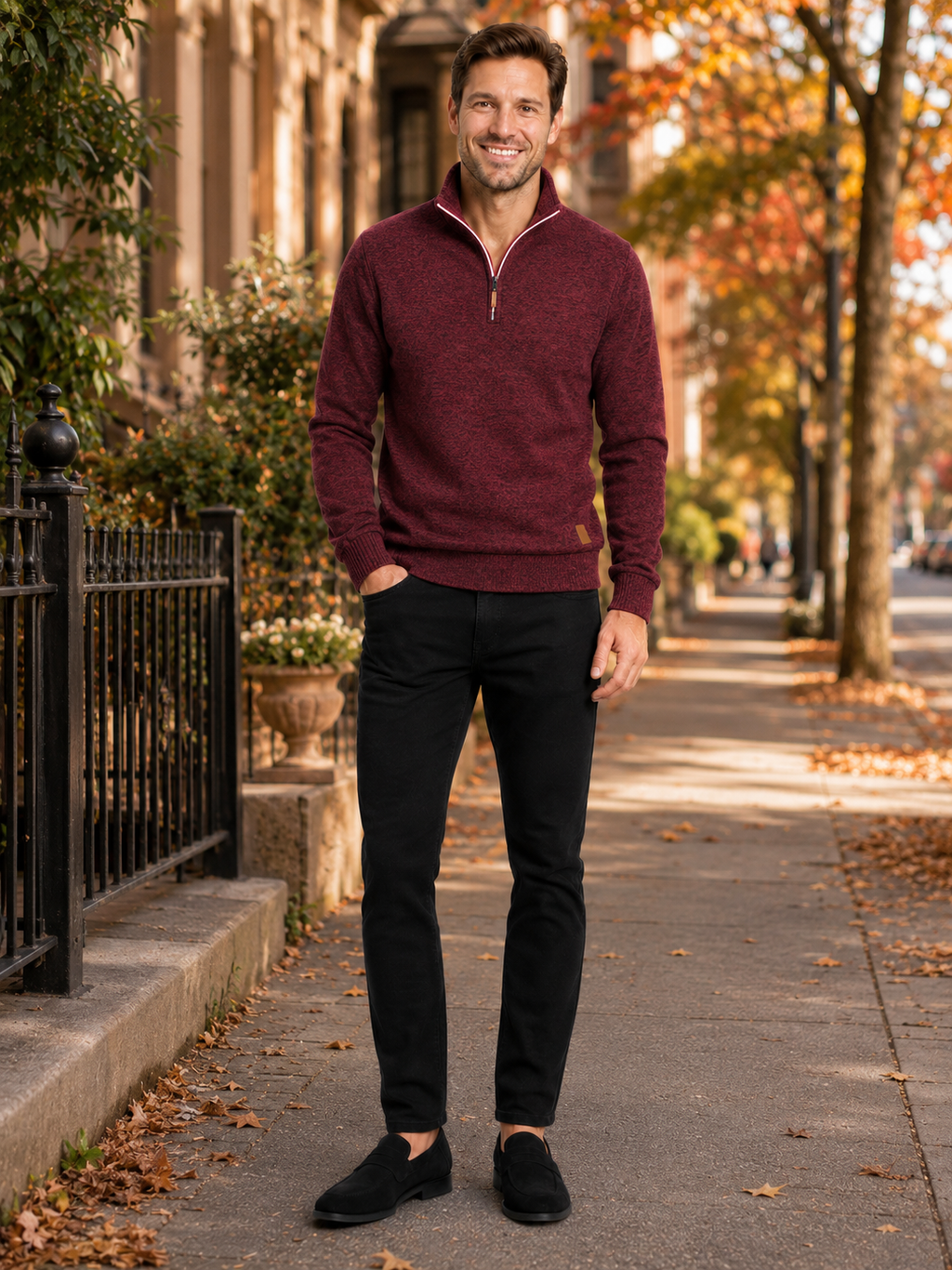 Man styling wine quarter zip sweater in a refined everyday and sportswear lifestyle outfit