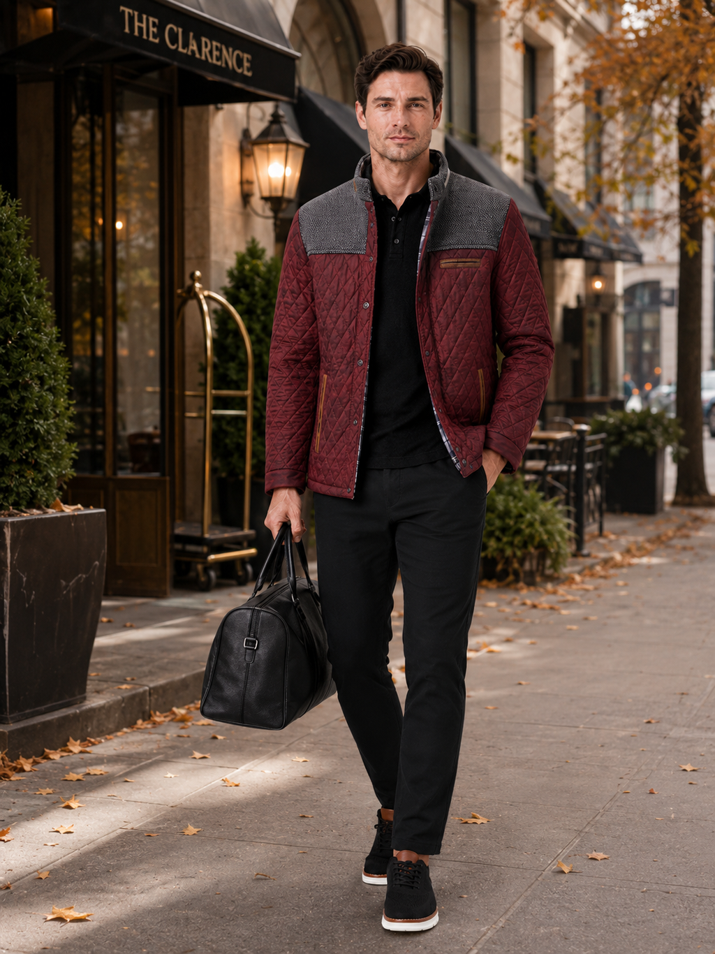 Man styling wine quilted jacket in a sophisticated travel and everyday lifestyle outfit