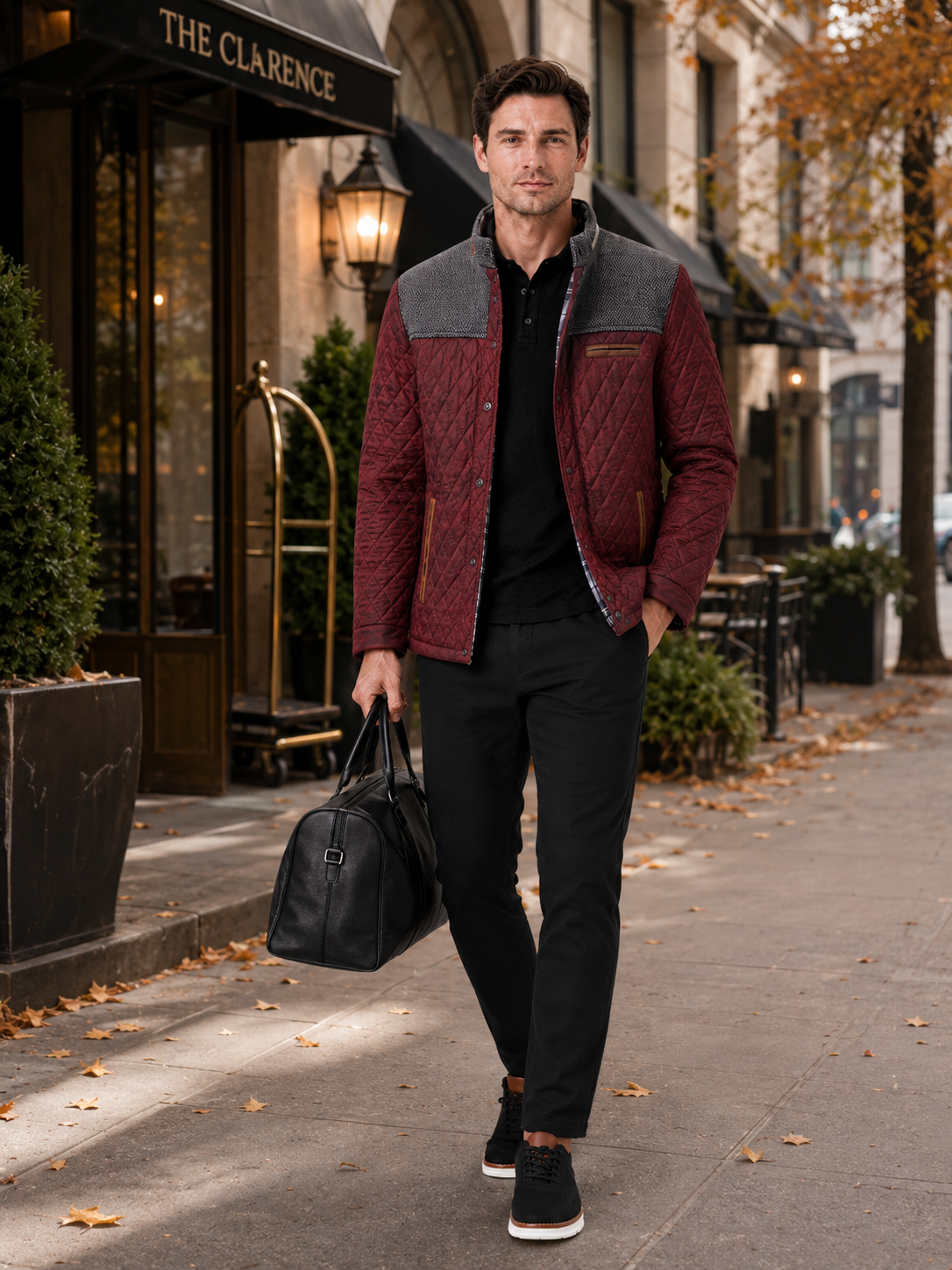 Man styling wine quilted jacket in a sophisticated travel and everyday lifestyle outfit
