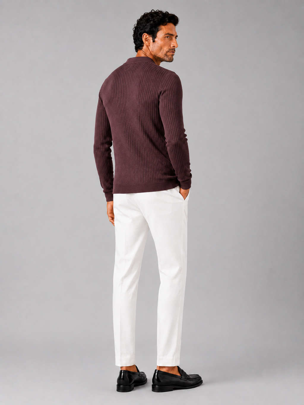 Men’s wine ribbed stripe polo shirt comfortable long sleeve knit top for winter wear