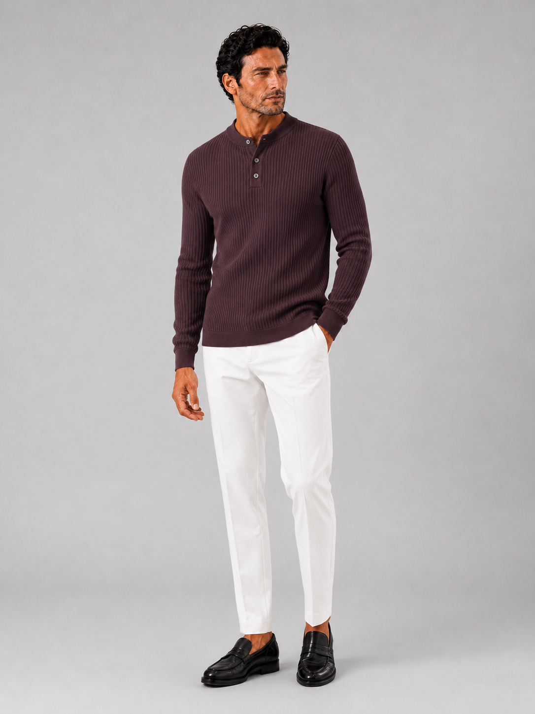 Wine slim fit henley polo shirt for men long sleeve business casual autumn top